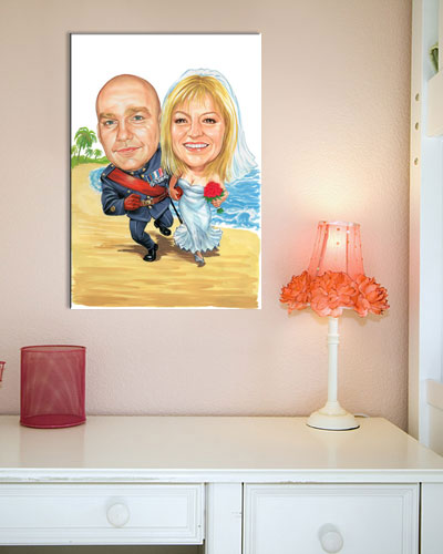 Karikatur vom Foto - Hochzeitspaar im Sand - Lustige individuelle Karikatur vom Foto des Hochzeitspaares