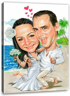 Karikatur vom Foto - Tropische Heirat - Lustige individuelle Karikatur vom Foto des Hochzeitspaares